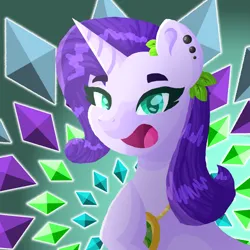 Size: 2023x2023 | Tagged: safe, artist:lindasaurie, derpibooru import, rarity, pony, unicorn, bust, diamonds, ear piercing, eyebrows, eyebrows visible through hair, female, happy, high res, hoof on chest, image, jewelry, leaf, lineless, looking at you, mare, necklace, open mouth, piercing, png, redesign, solo