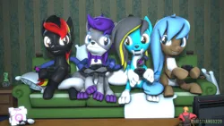 Size: 1920x1080 | Tagged: oc name needed, safe, artist:christian69229, derpibooru import, oc, oc:iva, oc:red arrow, oc:thunder slash, unofficial characters only, earth pony, pegasus, pony, 3d, :p, clothes, commission, controller, earth pony oc, female, image, male, mare, nintendo switch, pegasus oc, pillow, png, portal, smiling, socks, source filmmaker, stallion, striped socks, tongue out, wings, ych result