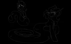Size: 4000x2500 | Tagged: safe, artist:anastas, derpibooru import, oc, unofficial characters only, hybrid, lamia, original species, pony, snake, snake pony, unicorn, black background, chest fluff, eyelashes, female, fur, image, lineart, mare, png, simple background, sketch, solo