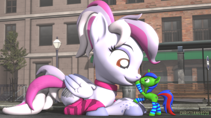 Size: 1920x1080 | Tagged: safe, artist:christian69229, derpibooru import, oc, oc:christian clefnote, oc:windbreaker, unofficial characters only, pegasus, pony, unicorn, 3d, boop, clothes, collar, female, horn, image, leg warmers, looking at each other, looking at someone, macro, male, mare, pegasus oc, png, smiling, socks, source filmmaker, stallion, striped socks, unicorn oc, wings