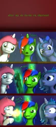 Size: 1920x4350 | Tagged: safe, artist:christian69229, derpibooru import, oc, oc:christian clefnote, oc:lulu star moonie, oc:nekonin, unofficial characters only, pony, 3d, comic, female, gun, image, laughing, male, mare, p90, png, scared, smiling, source filmmaker, stallion, submachinegun, text, weapon