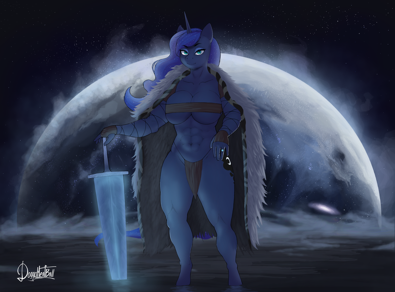 Size: 3297x2437 | Tagged: suggestive, artist:doggomeatball, derpibooru import, princess luna, alicorn, anthro, unguligrade anthro, abs, bandeau, barbarian, bra, breasts, busty princess luna, cape, clothes, commission, crop top bra, detailed background, digital art, elden ring, fantasy class, female, full moon, hand wraps, image, jewelry, lidded eyes, loincloth, looking at you, moon, muscles, muscular female, night, png, pose, princess muscle moona, ring, signature, smiling, solo, solo female, stars, sword, tail, thighs, underwear, warrior, warrior luna, water, weapon, wide hips