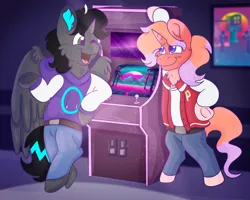 Size: 2500x2000 | Tagged: safe, artist:euspuche, derpibooru import, oc, unofficial characters only, pegasus, unicorn, arcade, bipedal, clothes, image, looking at each other, looking at someone, png, talking, vaporwave