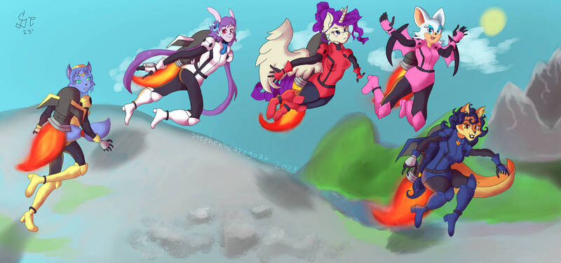 Size: 1305x612 | Tagged: safe, artist:more by tenshihoshino, rarity, alicorn, alicornified, armor, armorarity, carmelita fox, freedom planet, image, jetpack, jpeg, krystal, race swap, raricorn, rocket knight, rouge the bat, sash lilac, sonic the hedgehog (series), star fox