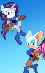 Size: 707x1131 | Tagged: safe, artist:more by linzicomics, rarity, anthro, armor, armorarity, image, jetpack, png, rocket knight, rouge the bat, sonic the hedgehog (series), sonicified