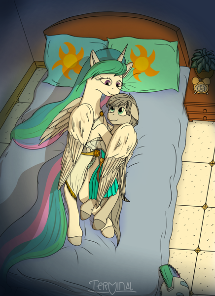 Size: 1440x1980 | Tagged: safe, artist:terminalhash, derpibooru import, princess celestia, oc, oc:light knight, alicorn, pegasus, alarm clock, armor, armor skirt, bed, bedroom, canon x oc, clock, clothes, dress, fantasy class, greece, greek, guard, helmet, image, knight, light, military, pedestal, pillow, png, roman, skirt, spartan, sun, toga, underwear, warrior, watch