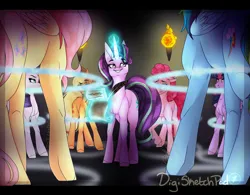 Size: 1280x999 | Tagged: safe, artist:digisketchpad, derpibooru import, applejack, fluttershy, pinkie pie, rainbow dash, rarity, starlight glimmer, twilight sparkle, fanfic:the friendship test, 2020, abstract background, fanfic art, group, image, jpeg