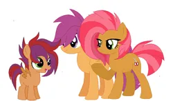 Size: 760x448 | Tagged: safe, artist:kaiimira, derpibooru import, babs seed, scootaloo, oc, oc:truffles, pony, 2016, babscoot, colt, female, foal, image, lesbian, magical lesbian spawn, male, mother and child, offspring, parent:babs seed, parent:scootaloo, parents:babscoot, png, shipping, simple background, trio, white background