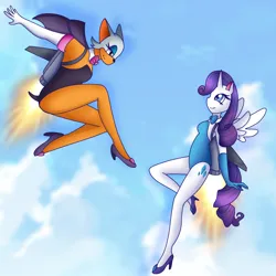 Size: 1280x1280 | Tagged: safe, artist:azuravoir, rarity, alicorn, anthro, alicornified, bunny suit, clothes, flying, image, jetpack, png, race swap, raricorn, rouge the bat, sonic the hedgehog (series)