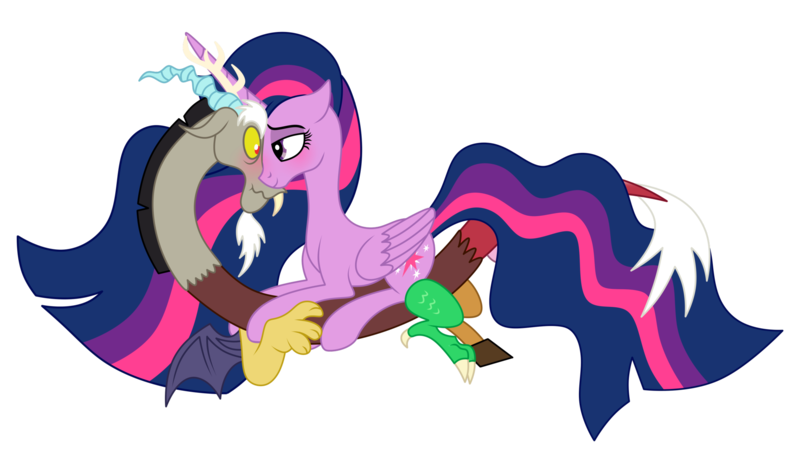 Size: 2048x1210 | Tagged: safe, artist:smallburgertiger, derpibooru import, discord, princess twilight 2.0, twilight sparkle, twilight sparkle (alicorn), alicorn, draconequus, the last problem, antlers, blushing, discolight, face to face, female, horn, image, male, older, older twilight, png, shipping, simple background, straight, transparent background