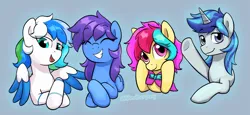 Size: 2771x1272 | Tagged: safe, artist:aanotherpony, derpibooru import, oc, oc:cuihua, oc:dashwhite, oc:jade luster, oc:nova twinkle, unofficial characters only, earth pony, pegasus, pony, unicorn, cute, female, image, looking at you, male, mare, png, smiling, smiling at you, stallion, waving