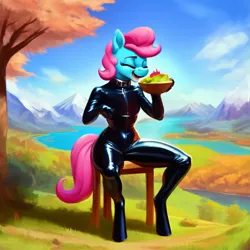 Size: 1229x1229 | Tagged: suggestive, derpibooru import, machine learning generated, stable diffusion, cup cake, anthro, earth pony, unguligrade anthro, ai content, chair, collar, eyes closed, female, food, g4, generator:purplesmart.ai, image, lake, latex, latex suit, laughing, mountain, png, ponies laughing with fruit salad, prompter:thegoldenmonk, salad, sitting, solo, water