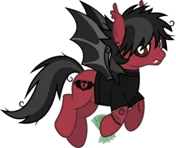 Size: 1606x1351 | Tagged: safe, artist:lightningbolt, derpibooru import, ponified, bat pony, pony, the mean 6, .svg available, bags under eyes, bat wings, clone, clothes, derpibooru exclusive, ear fluff, evil clone, eyeliner, fall out boy, fangs, flying, frown, hair over one eye, hoof hold, image, lidded eyes, looking down, makeup, male, messy mane, messy tail, money, pete wentz, png, shirt, show accurate, simple background, slit pupils, solo, spread wings, stallion, t-shirt, tail, tattoo, transparent background, vector, wings