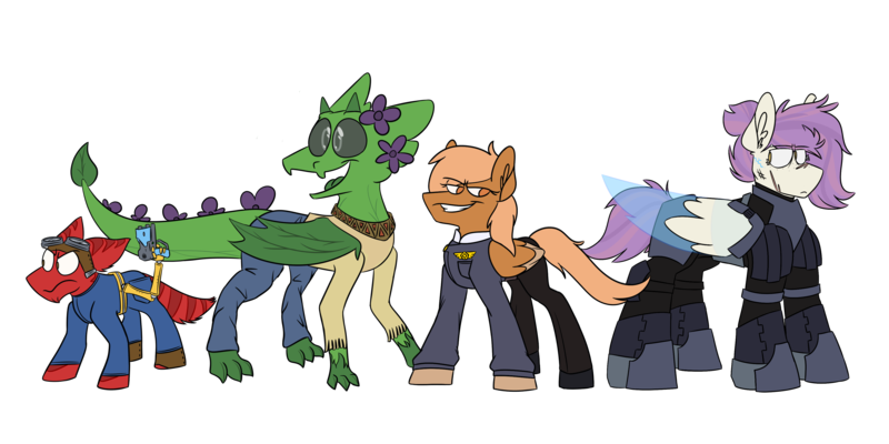 Size: 4000x2000 | Tagged: safe, artist:grandfinaleart, derpibooru import, oc, oc:grand finale, unofficial characters only, alien, original species, pegasus, pony, alternate hairstyle, angry, armor, armored pony, augmented, badge, black sclera, body armor, boots, brown eyes, canines, clothes, cybernetic pony, dark eyes, digital art, facial hair, female, flower, folded wings, goatee, goggles, goggles on head, green skin, image, jumpsuit, laser pistol, leaf, looking at you, male, mare, mare oc, orange eyes, orange fur, orange hair, orange mane, orange tail, pegasus oc, pink hair, pink mane, pink tail, plant, png, red fur, robotic arm, scar, scowl, shoes, short tail, simple background, smiling, smiling at you, smirk, space pirate, stripes, suit, tail, toothy grin, transparent background, uniform, weapon, wings, yellow eyes