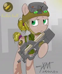 Size: 845x997 | Tagged: safe, artist:anonixar, derpibooru import, oc, oc:bullet ball, unofficial characters only, earth pony, pony, beige coat, blonde mane, gun, image, jpeg, p90, solo, submachinegun, tactical, weapon