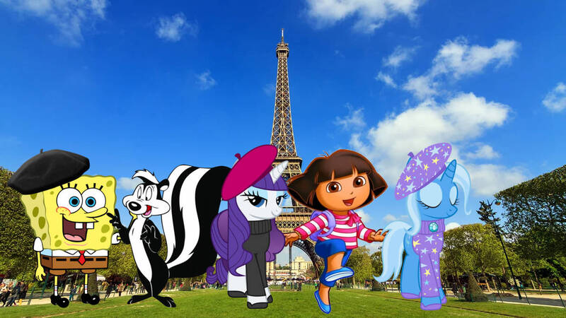 Size: 1192x670 | Tagged: safe, derpibooru import, rarity, trixie, pony, crossover, dora márquez, dora the explorer, france, image, irl, jpeg, looney tunes, paris, pepe le pew, photo, ponies in real life, spongebob squarepants, spongebob squarepants (character)