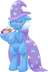 Size: 995x1498 | Tagged: safe, artist:xppp1n, derpibooru import, trixie, pony, bipedal, bouquet, cape, clothes, eyes closed, female, flower, hat, image, mare, png, simple background, solo, transparent background, trixie's cape, trixie's hat