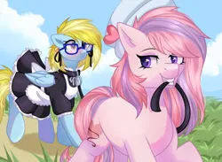 Size: 1469x1075 | Tagged: suggestive, artist:freyamilk, derpibooru import, oc, oc:cloud cuddler, oc:sweet haze, unofficial characters only, earth pony, pegasus, blushing, clothes, cloud, collar, earth pony oc, female, femboy, glasses, grass, hat, image, leash, looking back, maid, male, pegasus oc, png, simple background, smiling, wings