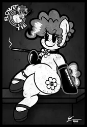 Size: 1260x1842 | Tagged: safe, artist:isaac_pony, derpibooru import, oc, oc:flower tie, unofficial characters only, earth pony, pony, semi-anthro, 30s, black and white, black and white cartoon, butt, butt freckles, cartoon, cartoon physics, cigarette, clothes, cutie mark, derp, female, flower, freckles, grayscale, huge butt, image, large butt, latex, latex socks, logo, looking at you, mare, monochrome, pac-man eyes, png, poster, shoes, smiling, socks, vector, vintage