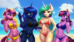 Size: 3840x2160 | Tagged: suggestive, artist:craft, derpibooru import, machine learning assisted, machine learning generated, stable diffusion, princess cadance, princess celestia, princess luna, twilight sparkle, anthro, 4k, ai content, beach, bikini, black bikini, blue bikini, breasts, cleavage, clothes, female, females only, generator:purplesmart.ai, high res, image, legs together, looking at you, open mouth, png, red bikini, summer, swimsuit, tail, water, yellow bikini