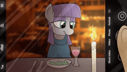 Size: 1280x720 | Tagged: safe, artist:datte-before-dawn, maud pie, earth pony, human, pony, alcohol, animated, camera shot, clothes, female, food, human pov, image, lidded eyes, mare, mobile phone, mp4, offscreen character, phone, pov, restaurant, salad, smartphone, smiling, solo focus, wine