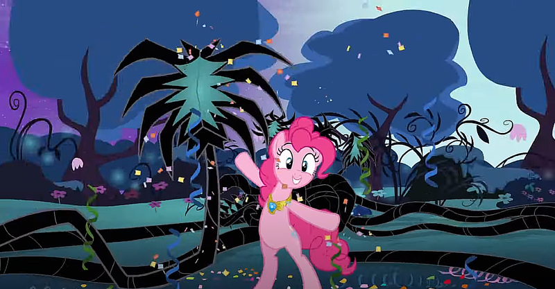 Size: 1350x704 | Tagged: safe, derpibooru import, screencap, pinkie pie, tree of harmony, earth pony, pony, bipedal, confetti, element of laughter, female, image, png, solo