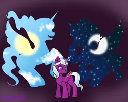 Size: 3200x2558 | Tagged: safe, artist:hayley566, derpibooru import, princess celestia, princess luna, alicorn, pony, g5, cloud, crying, female, filly, foal, glow, glowing horn, headcanon, horn, image, laughing, magic, moon, opaline arcana, png, royal sisters, sad, siblings, silhouette, sisters, solo, stars, story included, sun, younger