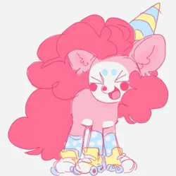 Size: 965x962 | Tagged: safe, artist:spaceboycelebration, derpibooru import, pinkie pie, earth pony, pony, alternate design, clown, clown makeup, clown nose, cute, diapinkes, hat, image, party hat, pink background, png, red nose, roller skates, simple background, skates, solo, twitterina design, xd