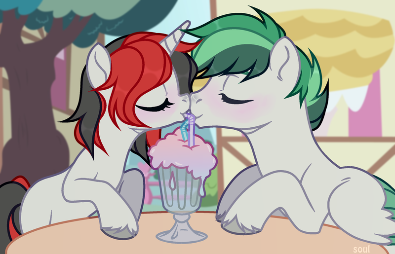 Size: 2750x1772 | Tagged: safe, artist:cursed soul, derpibooru import, oc, oc:dreamer skies, oc:starforce fireline, unofficial characters only, pegasus, pony, unicorn, blushing, commission, cup, date, drink, eyes closed, female, horn, image, kissing, male, mare, milkshake, oc x oc, pegasus oc, png, romantic, shipping, show accurate, stallion, straw, table, town, unicorn oc, wings, ych result