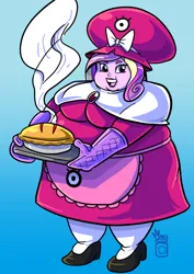 Size: 1412x2000 | Tagged: safe, artist:royaljellysandwicjh, derpibooru import, princess cadance, human, equestria girls, bbw, commission, crossover, dc comics, dean cadance, dean decadence, fat, female, food, image, mother mae-eye, obese, pie, png, princess decadence, solo, ssbbw, teen titans