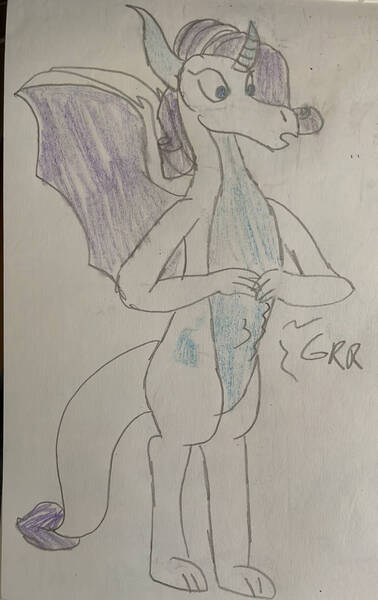 Size: 827x1314 | Tagged: safe, artist:powerpup97, derpibooru import, rarity, dragon, dragonified, image, jpeg, raridragon, species swap, stomach noise, traditional art, wings