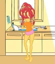 Size: 1948x2296 | Tagged: safe, artist:calmbreezes, derpibooru import, sunset shimmer, human, equestria girls, alternate hairstyle, barefoot, cabinet, casual, chores, clothes, dishes, feet, image, indoors, kitchen, knife, panties, png, rear view, sink, soap bottle, solo, towel, underwear, water, window