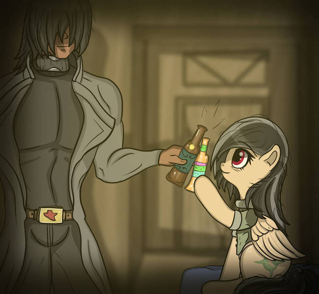 Size: 930x859 | Tagged: safe, artist:undisputed, derpibooru import, oc, oc:crimson sky, oc:dahlia do, unofficial characters only, human, pegasus, pony, fanfic, alcohol, beer, bottle, drink, fanfic art, female, image, jpeg, male, mare, pegasus oc, smiling, soda, toasting, wings