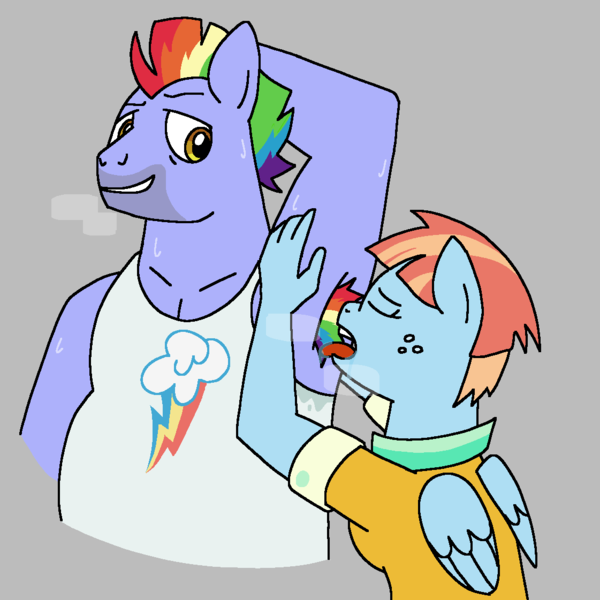 Size: 1121x1121 | Tagged: suggestive, derpibooru import, bow hothoof, windy whistles, anthro, pegasus, plantigrade anthro, pony, arm behind head, armpit fetish, armpit hair, armpits, clothes, duo, duo male and female, eyes closed, female, fetish, folded wings, freckles, image, male, mare, married couple, png, shirt, smiling, stallion, sweat, sweatshirt, wings