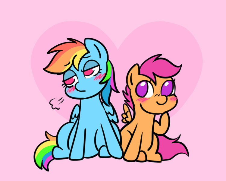 Size: 2500x2000 | Tagged: safe, artist:feralkittyclawz, derpibooru import, rainbow dash, scootaloo, pegasus, pony, age difference, blushing, breath, duo, duo female, female, filly, foal, g4, heart, heart background, image, lesbian, lidded eyes, mare, png, raised hoof, scootadash, shipping, sitting, spread wings, tail, touching hooves, underage, wings