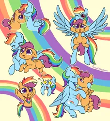 Size: 3000x3300 | Tagged: safe, artist:feralkittyclawz, derpibooru import, rainbow dash, scootaloo, pegasus, pony, age difference, butt, clothes, cute, eyes closed, fake hair, fake tail, female, filly, floating heart, foal, folded wings, forehead kiss, g4, grin, heart, image, kiss on the lips, kissing, lesbian, lying down, mare, one eye closed, open mouth, open smile, plot, png, prone, rainbow, rainbow background, raised hoof, raised hooves, scarf, scootadash, shipping, signature, smiling, spread wings, starry eyes, tail, underage, underhoof, wingding eyes, wings