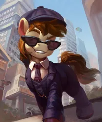 Size: 1920x2300 | Tagged: safe, artist:jewellier, derpibooru import, oc, oc:apple vodka, unofficial characters only, earth pony, pony, button-up shirt, city, clothes, cyrillic, earth pony oc, gta 5, hat, image, jewelry, necktie, peaky blinders, png, shirt, smiling, solo, suit, sunglasses
