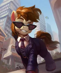 Size: 1920x2300 | Tagged: safe, alternate version, artist:jewellier, derpibooru import, oc, oc:apple vodka, unofficial characters only, earth pony, pony, button-up shirt, city, clothes, cyrillic, earth pony oc, gta 5, image, jewelry, necktie, peaky blinders, png, shirt, smiling, solo, suit, sunglasses