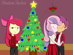 Size: 2400x1800 | Tagged: safe, artist:phantomshadow051, derpibooru import, apple bloom, scootaloo, sweetie belle, human, equestria girls, apple bloom is not amused, christmas, clothes, cutie mark crusaders, eyes closed, female, holiday, image, kiss on the lips, kissing, lesbian, mistletoe, png, scootabelle, shipping, skirt, unamused, watermark