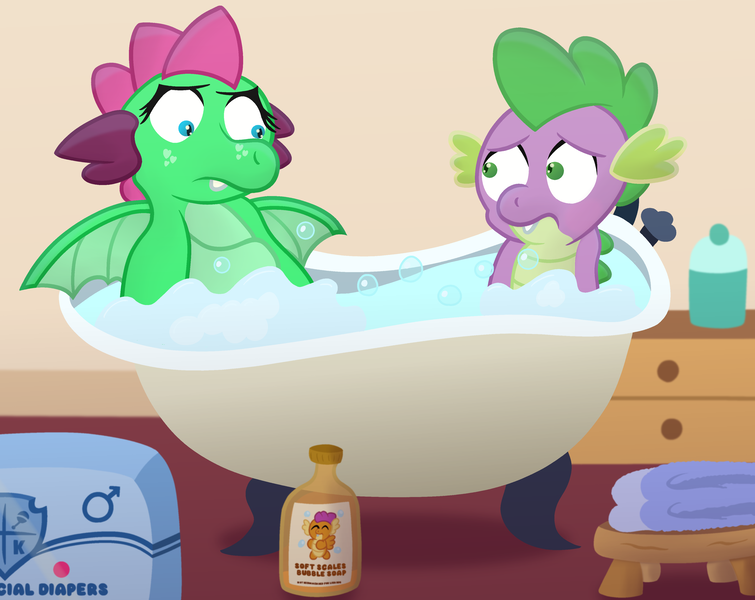 Size: 3600x2862 | Tagged: safe, artist:sweetielover, derpibooru import, smolder, spike, oc, oc:goldigony, dragon, bath, bathroom, bathtub, bottle, bubble, bubble bath, diaper package, dragoness, embarrassed, female, high res, image, male, png, soap, spread wings, surprised, towels, wings