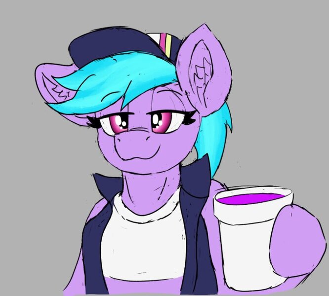 Size: 764x688 | Tagged: safe, artist:reddthebat, derpibooru import, azure velour, earth pony, pony, cup, drink, ear fluff, eyebrows, eyebrows visible through hair, female, gray background, hoof hold, human shoulders, image, jpeg, lean, lidded eyes, looking at you, mare, simple background, smiling, smiling at you, solo