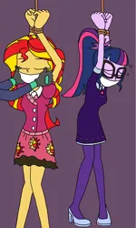Size: 1080x1801 | Tagged: safe, artist:bugssonicx, derpibooru import, sci-twi, sunset shimmer, twilight sparkle, human, equestria girls, bondage, bound and gagged, captured, cloth gag, duo, duo female, female, gag, glasses, help us, humanized, image, kidnapped, knock out, png