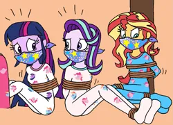Size: 999x720 | Tagged: safe, artist:bugssonicx, derpibooru import, starlight glimmer, sunset shimmer, twilight sparkle, human, equestria girls, cloth gag, gag, help us, humanized, image, over the nose gag, png, starlight's gag, struggling