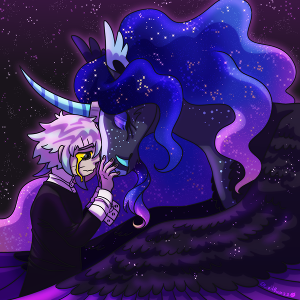 Size: 1000x1000 | Tagged: safe, artist:devilbunzz, derpibooru import, princess luna, alicorn, human, pony, alternate design, crona, crying, duo, fangs, image, png, soul eater, space, twitterina design