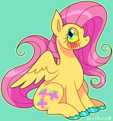 Size: 640x684 | Tagged: safe, artist:devilbunzz, derpibooru import, fluttershy, pegasus, pony, blushing, colored sclera, image, png, simple background, sitting, teal background, yellow sclera