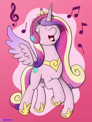 Size: 1500x1995 | Tagged: safe, artist:passion, derpibooru import, princess cadance, alicorn, pony, series:ponies with headphones, flying, headphones, image, music notes, pink background, png, simple background, solo