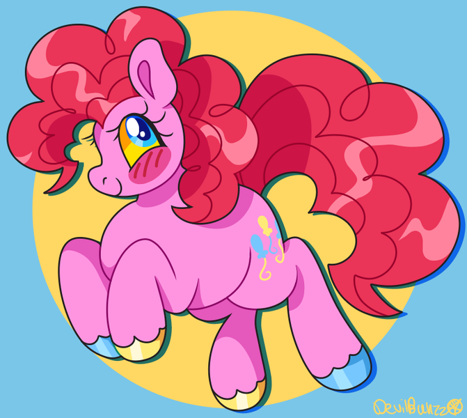 Size: 769x688 | Tagged: safe, artist:devilbunzz, derpibooru import, pinkie pie, earth pony, pony, blue background, colored hooves, image, png, simple background, solo, yellow background