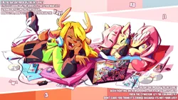 Size: 3493x1966 | Tagged: safe, artist:cherrystar, derpibooru import, fluttershy, pegasus, pony, antlers, antonymph, computer, crossover, deltarune, eyes closed, headphones, image, laptop computer, lyrics, nintendo ds, noelle holiday, open mouth, pencil, png, smiling, text, vylet pony, xd