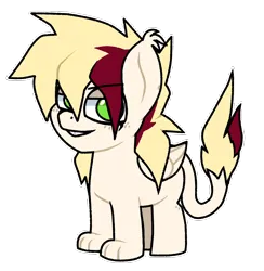 Size: 1090x1117 | Tagged: safe, artist:yamston, derpibooru import, oc, oc:bagel drop, unofficial characters only, hybrid, pony, sphinx, fanfic:living the dream, 2023, bucktooth, colt, fanfic art, foal, freckles, green eyes, hybrid oc, image, male, messy mane, parent:oc:duchess gelt, parent:oc:leon leopold, png, simple background, solo, sphinx oc, tail, transparent background, two toned mane, wings