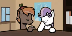 Size: 1534x772 | Tagged: safe, artist:xtsij, derpibooru import, apple bloom, button mash, scootaloo, sweetie belle, earth pony, pony, unicorn, background character, cutie mark crusaders, duo, female, foal, g4, image, male, png, sitting, table, waiting, watch, window, wristwatch